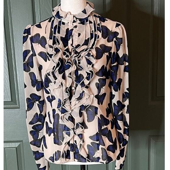Butterfly Print Ruffle Blouse Romantic Sheer Long Sleeve Top - Picture 10 of 10